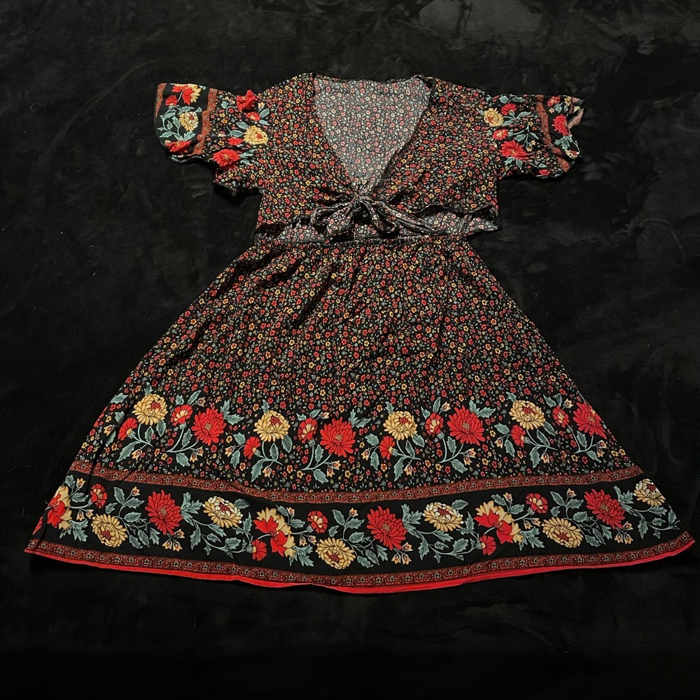 Floral Print Tie Front Peekaboo Butterfly Sleeve A-line Dress, Size L